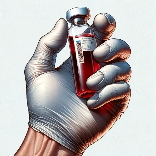 하얀 장갑을 낀 손에 에이즈 피검사를 한 약병을 들고있다.
