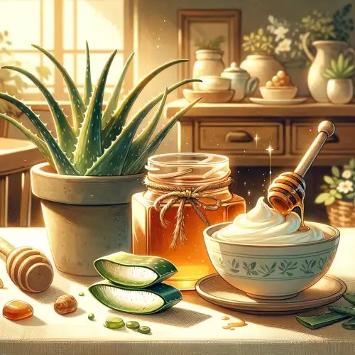구내염에 좋은 알로에와 꿀, 요거트가 식탁위에 놓여있다.
