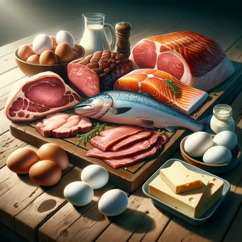 동물성 단백질인 달걀,참치,연어,소고기,돼지고기가 식탁위에 놓여져 있다.