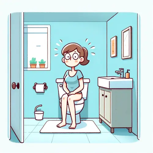 여성이 화장실에서 복통없는 물설사를 하는 그림이다.