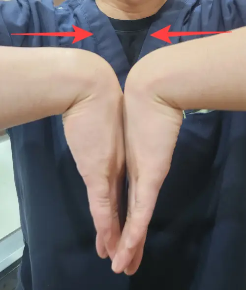 손목 통증 위치 와 자가진단을 위해 펠렌 테스트를 하고있다. 양손등을 서로 마주닿게 하는 사진이다.