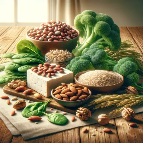 식물성 단백질인 콩,아몬드,브로콜리,호두가 식탁 위에 놓여져 있다.